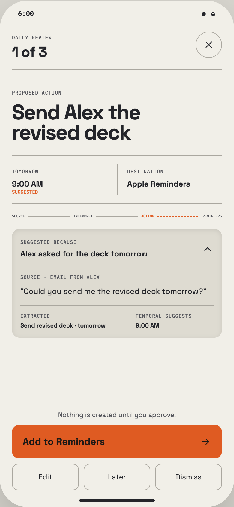 Temporal proposal screen with evidence panel expanded, showing the source message and a proposed reply awaiting approval.